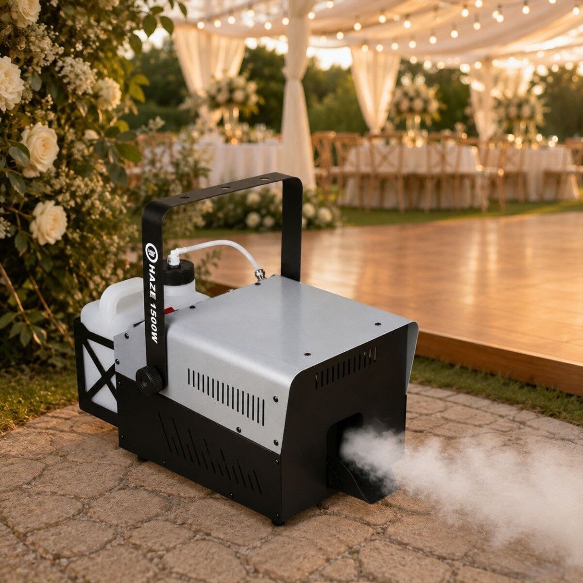 LIGHT4ME HAZE 1500W generator wytwornica dymu mgły hazer DMX pilot bezprzewodowy uchwyt montażowy