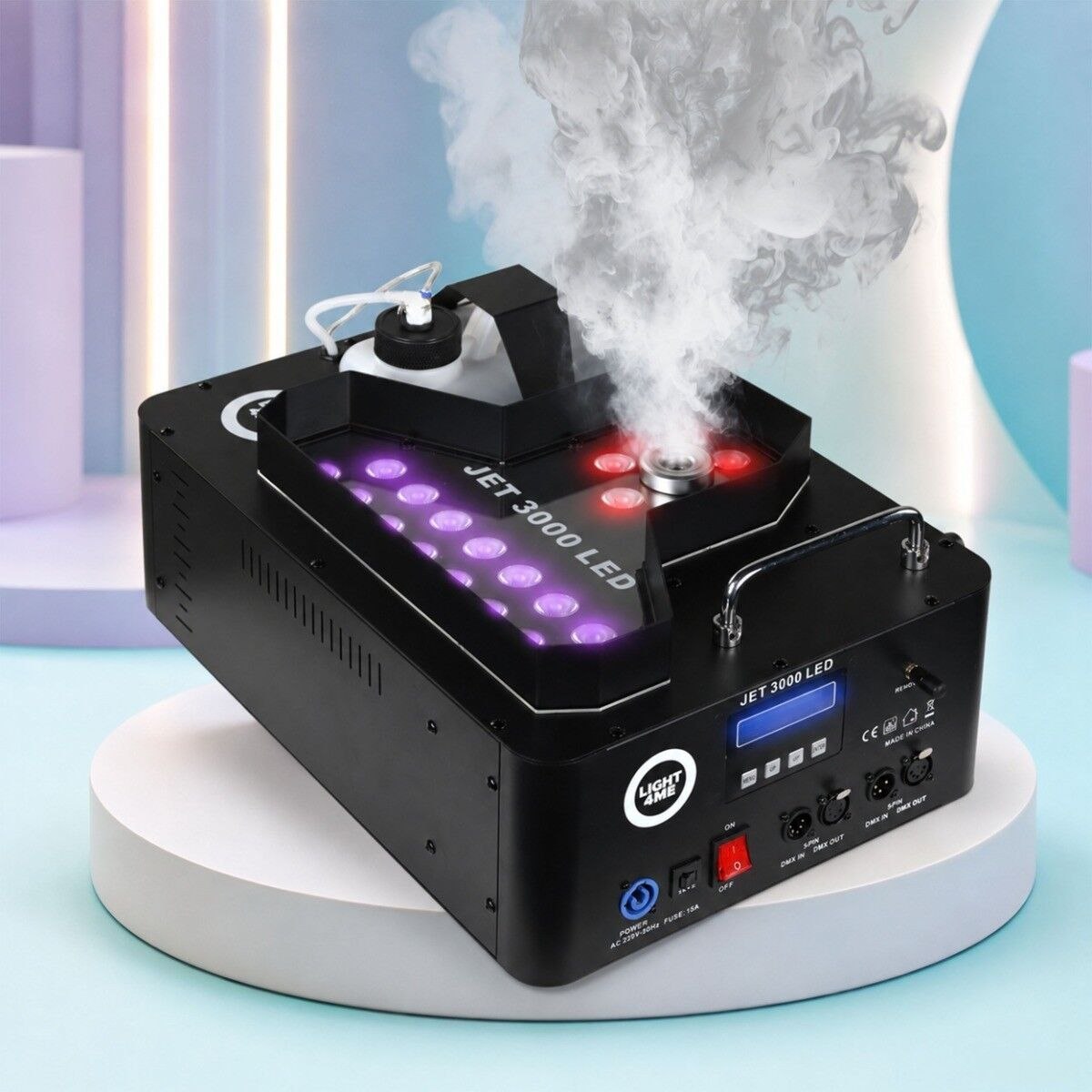 LIGHT4ME JET 3000 LED wytwornica dymu pionowego 3000W DMX 21x10W RGBW LED pilot bezprzewodowy wyrzut 8 m uchwyty montażowe