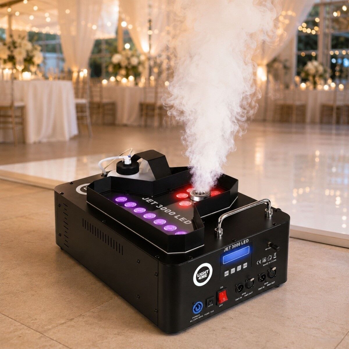 LIGHT4ME JET 3000 LED wytwornica dymu pionowego 3000W DMX 21x10W RGBW LED pilot bezprzewodowy wyrzut 8 m uchwyty montażowe