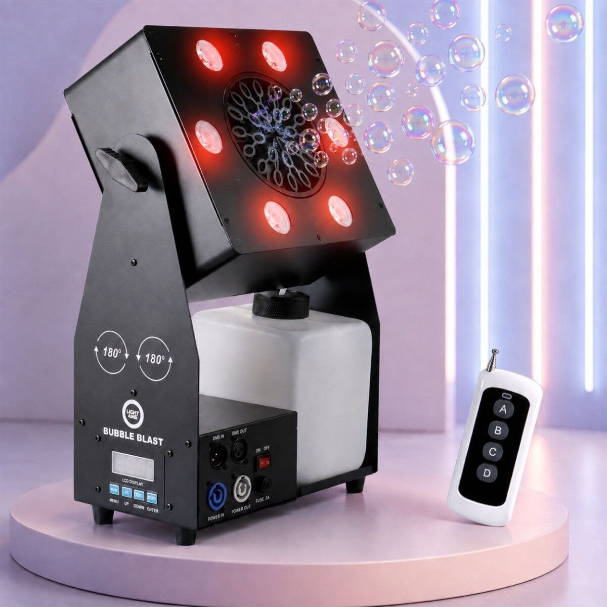 LIGHT4ME BUBBLE BLAST wytwornica baniek sceniczna maszyna do baniek DMX RGBW LED 6×4W zbiornik 2,5 l pilot bezprzewodowy regulowany kąt emisji 0-180°