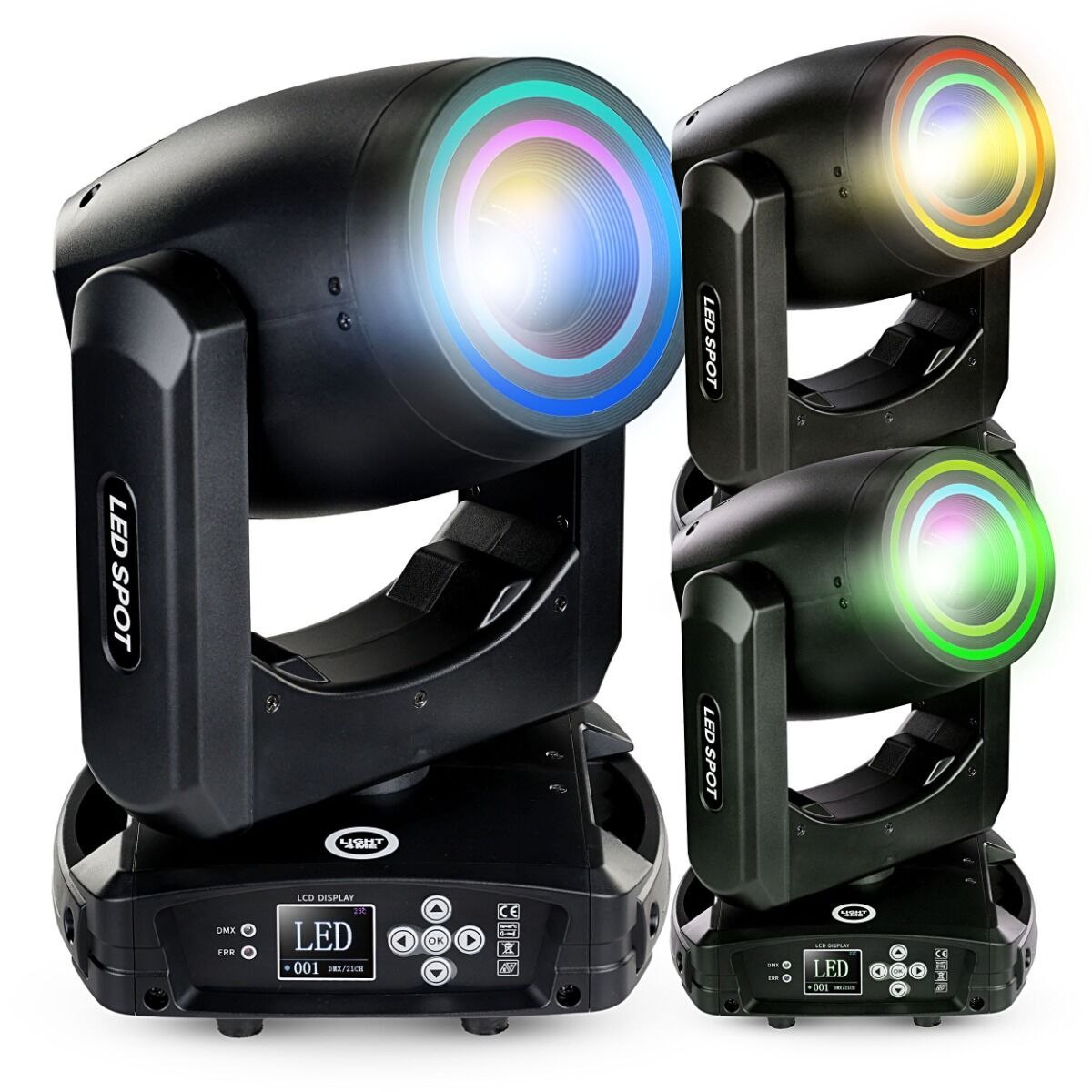 LIGHT4ME PRISMO SPOT 150W głowica ruchoma spot oświetlenie sceniczne LED DMX podwójny efekt ring 40 × 0,2W RGB SMD LED uchwyty montażowe omega