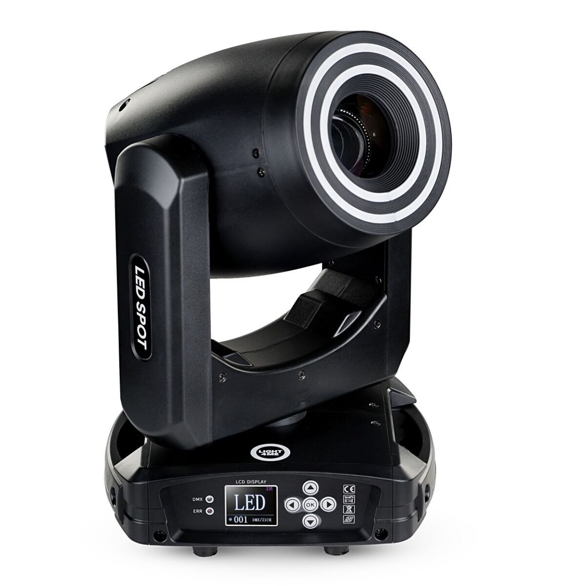 LIGHT4ME PRISMO SPOT 150W głowica ruchoma spot oświetlenie sceniczne LED DMX podwójny efekt ring 40 × 0,2W RGB SMD LED uchwyty montażowe omega