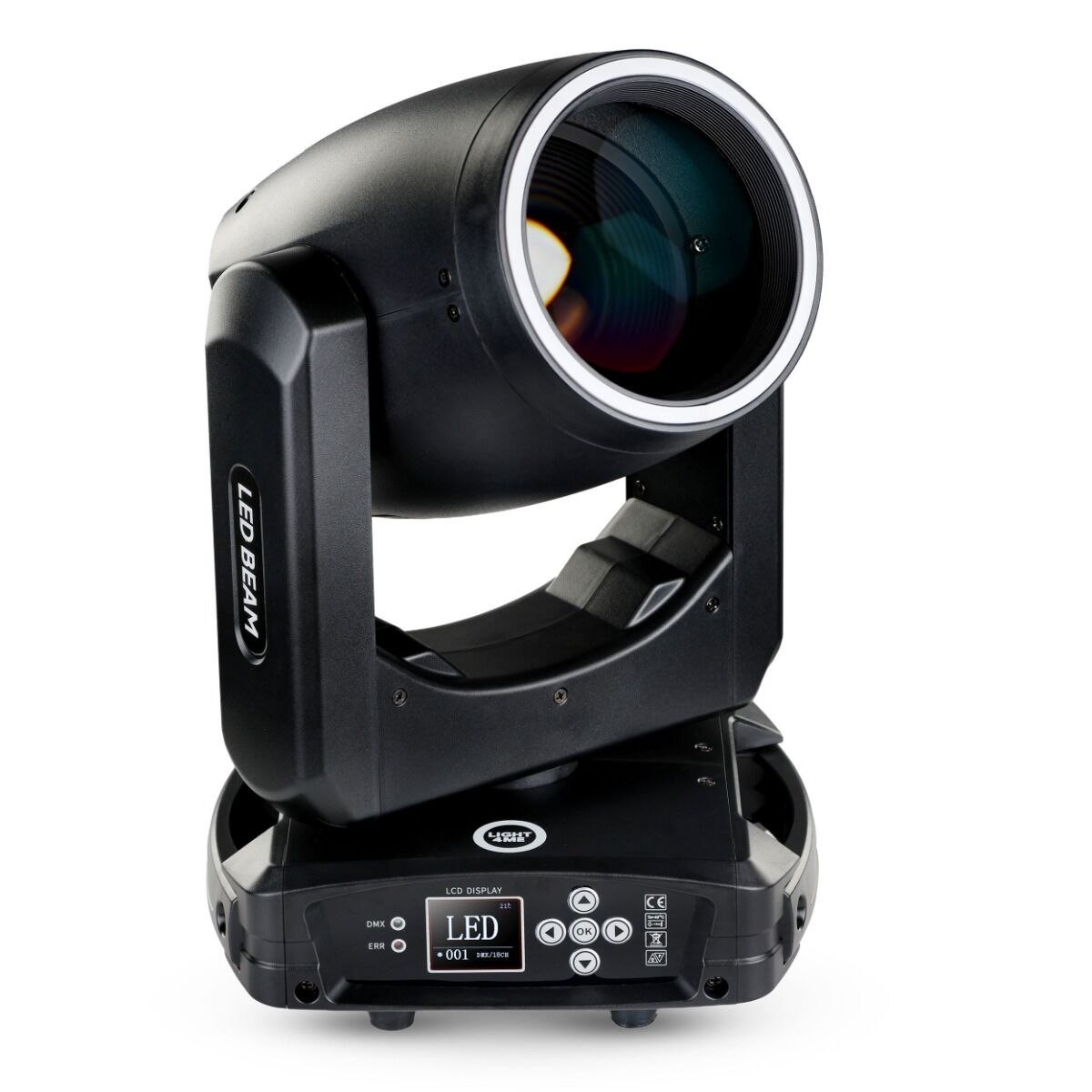 LIGHT4ME PRISMO BEAM 150W głowica ruchoma beam oświetlenie sceniczne LED DMX efekt ring 23 × 0,2W RGB SMD LED uchwyty montażowe omega