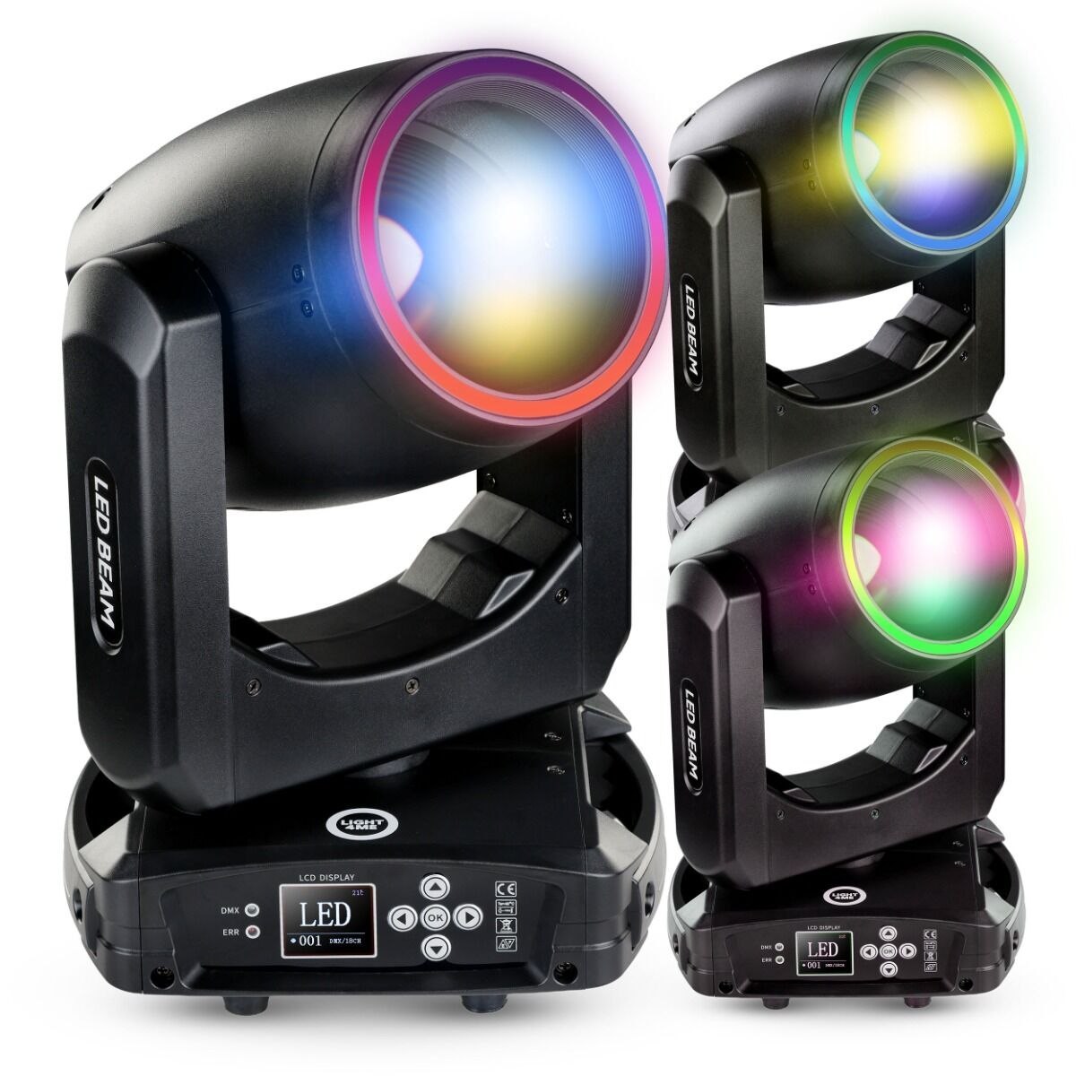 LIGHT4ME PRISMO BEAM 150W głowica ruchoma beam oświetlenie sceniczne LED DMX efekt ring 23 × 0,2W RGB SMD LED uchwyty montażowe omega