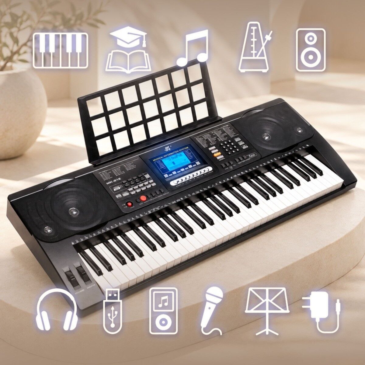 MK 812 KEYBOARD elektroniczny edukacyjny przenośny 61 dynamicznych klawiszy pulpit do nut odtwarzacz MP3 USB głośniki wyjście słuchawkowe