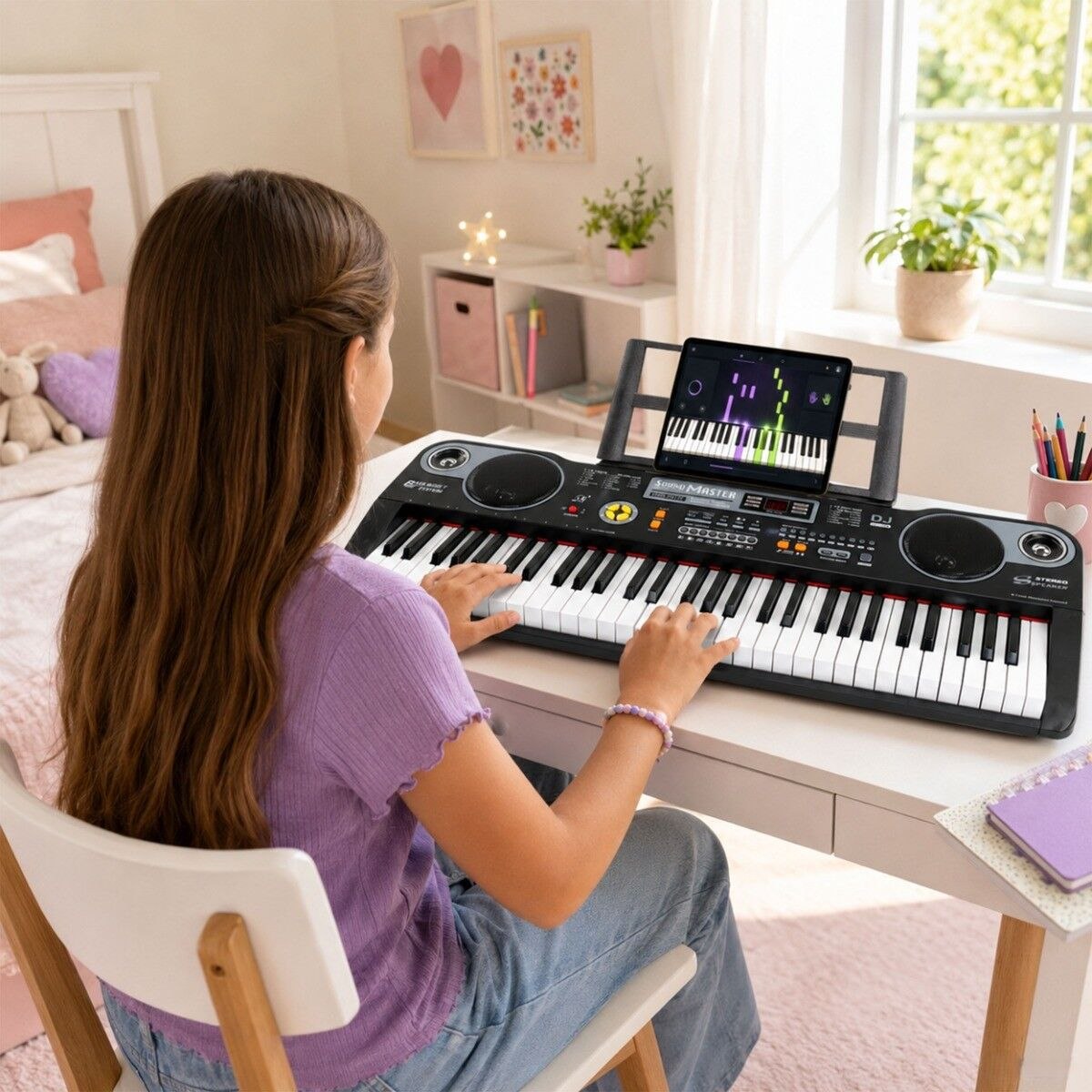 MQ 6115 keyboard elektroniczny edukacyjny przenośny czarny 61 klawiszy dla dzieci do nauki gry pulpit do nut mikrofon przewodowy głośniki stereo wyjście słuchawkowe zestaw