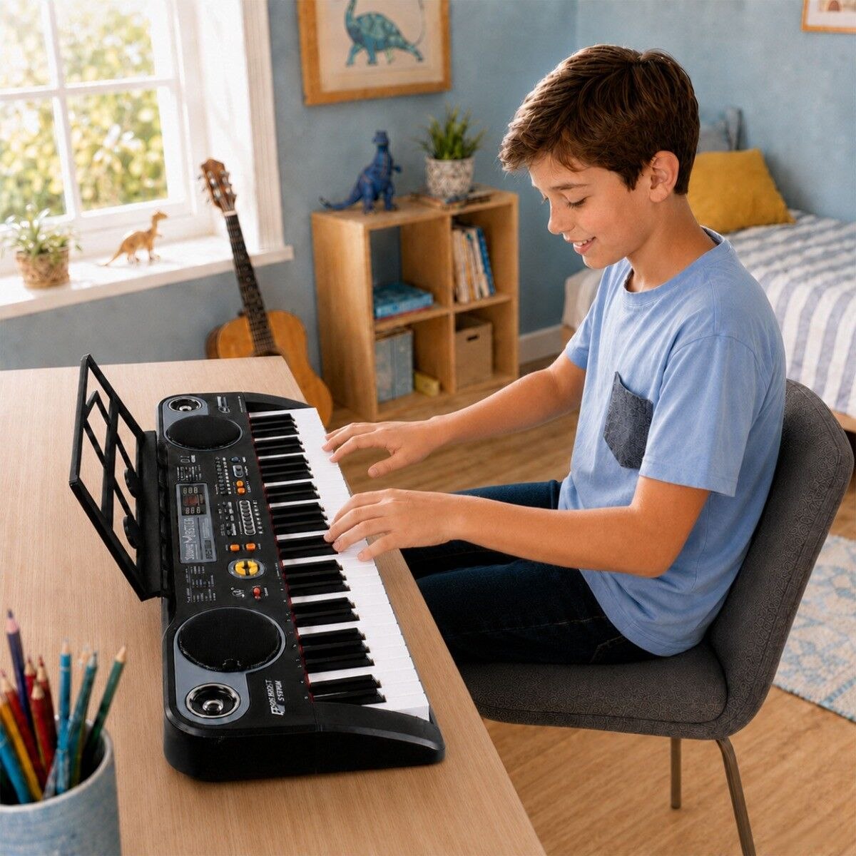 MQ 6115 keyboard elektroniczny edukacyjny przenośny czarny 61 klawiszy dla dzieci do nauki gry pulpit do nut mikrofon przewodowy głośniki stereo wyjście słuchawkowe zestaw