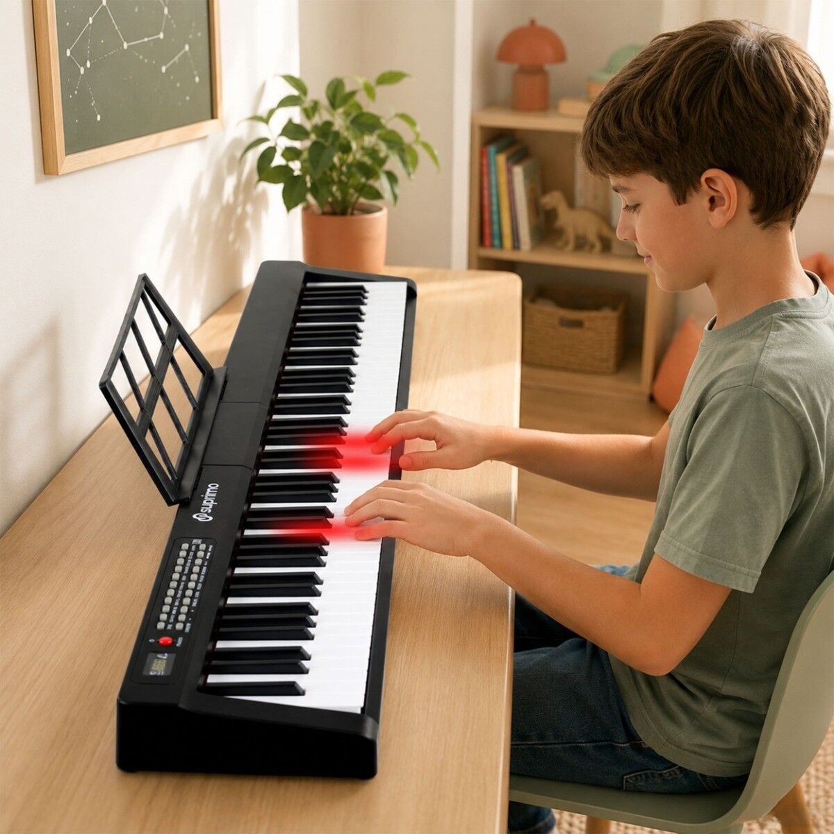 SUPRIMO P-881 BK pianino cyfrowe przenośne czarne 88 dynamicznych podświetlanych klawiszy Bluetooth MP3 mikrofon pulpit do nut naklejki edukacyjne zestaw