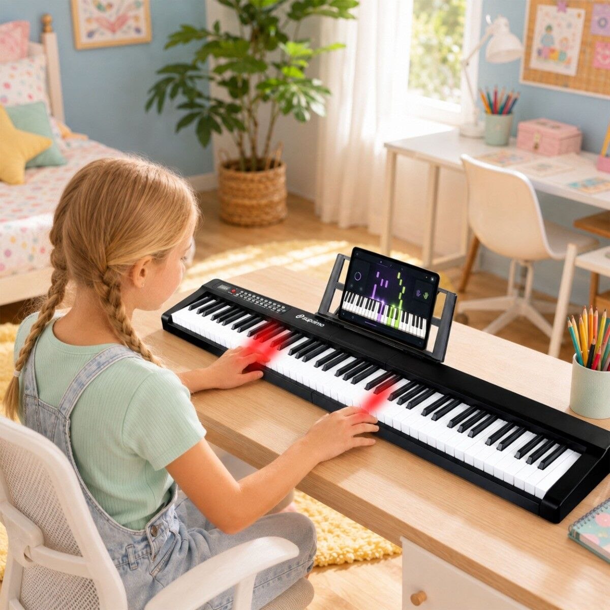 SUPRIMO P-881 BK pianino cyfrowe przenośne czarne 88 dynamicznych podświetlanych klawiszy Bluetooth MP3 mikrofon pulpit do nut naklejki edukacyjne zestaw