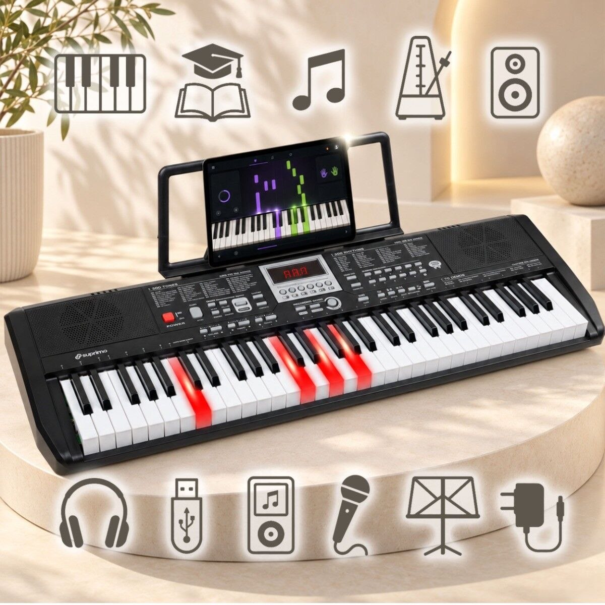SUPRIMO EK61L keyboard elektroniczny edukacyjny przenośny 61 podświetlanych klawiszy pulpit do nut mikrofon naklejki głośniki wyjście słuchawkowe