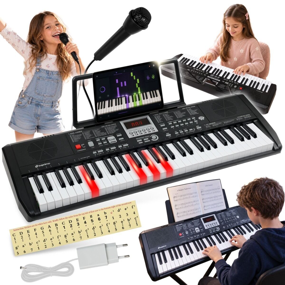 SUPRIMO EK61L keyboard elektroniczny edukacyjny przenośny 61 podświetlanych klawiszy pulpit do nut mikrofon naklejki głośniki wyjście słuchawkowe
