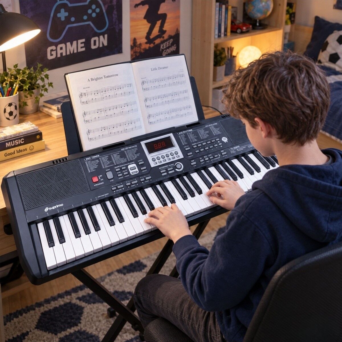 SUPRIMO EK61L keyboard elektroniczny edukacyjny przenośny 61 podświetlanych klawiszy pulpit do nut mikrofon naklejki głośniki wyjście słuchawkowe