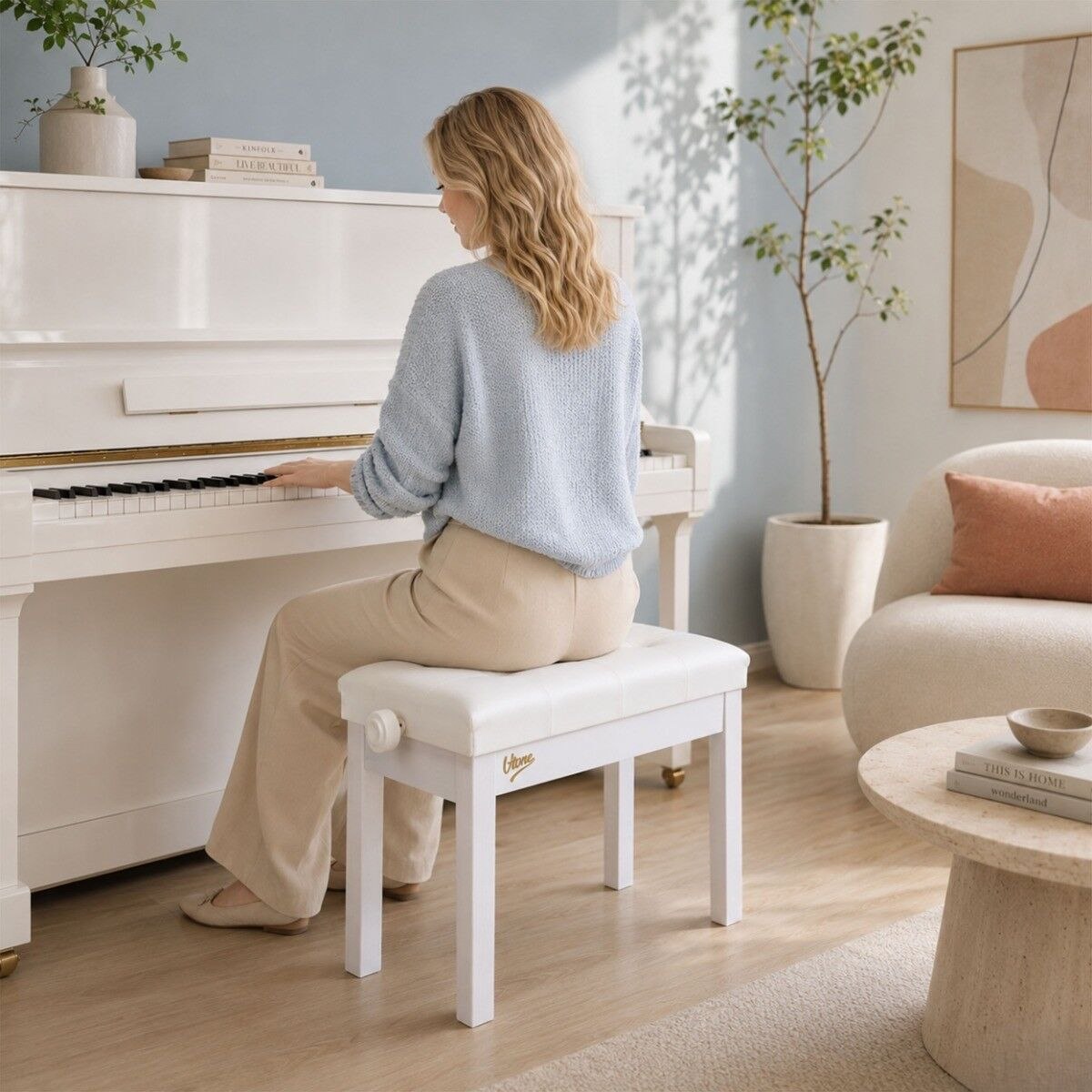 V-TONE PB3 WH ława do pianina keyboardu biała tapicerowana siedzisko dla muzyka regulowana 47-55 cm do 140 kg