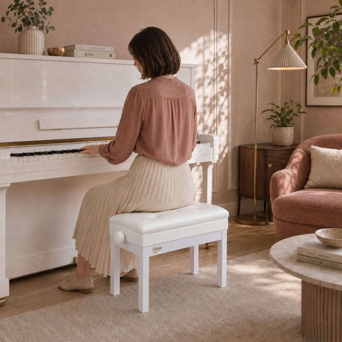V-TONE PB4 WH ława do pianina keyboardu biała tapicerowana siedzisko dla muzyka schowek regulowana 49-57 cm do 140 kg