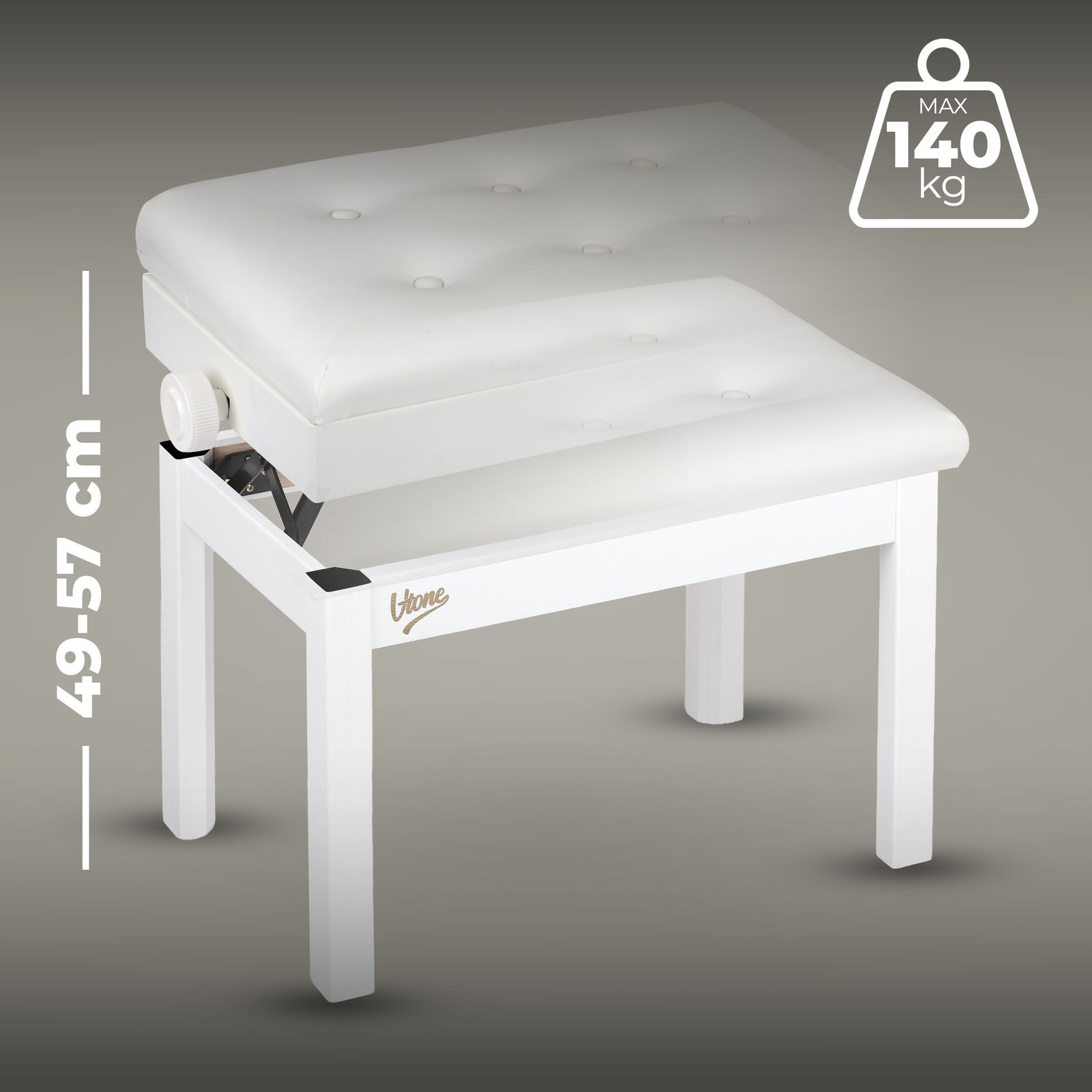 V-TONE PB4 WH ława do pianina keyboardu biała tapicerowana siedzisko dla muzyka schowek regulowana 49-57 cm do 140 kg