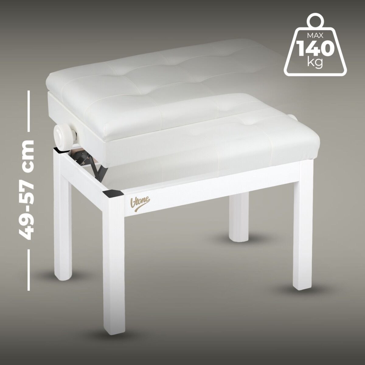 V-TONE PB2 WH ława do pianina keyboardu biała tapicerowana siedzisko dla muzyka schowek regulowana 49-57 cm do 140 kg
