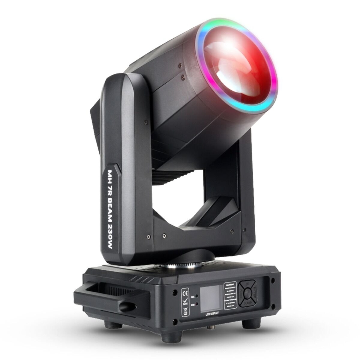 LIGHT4ME MH 7R BEAM 230W głowica ruchoma beam lampa wyładowcza oświetlenie sceniczne DMX efekt ring LED uchwyt montażowy