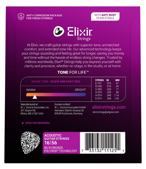 Struny Elixir PolyWeb 80/20 Bronze 16-56 Resonator (11125)
