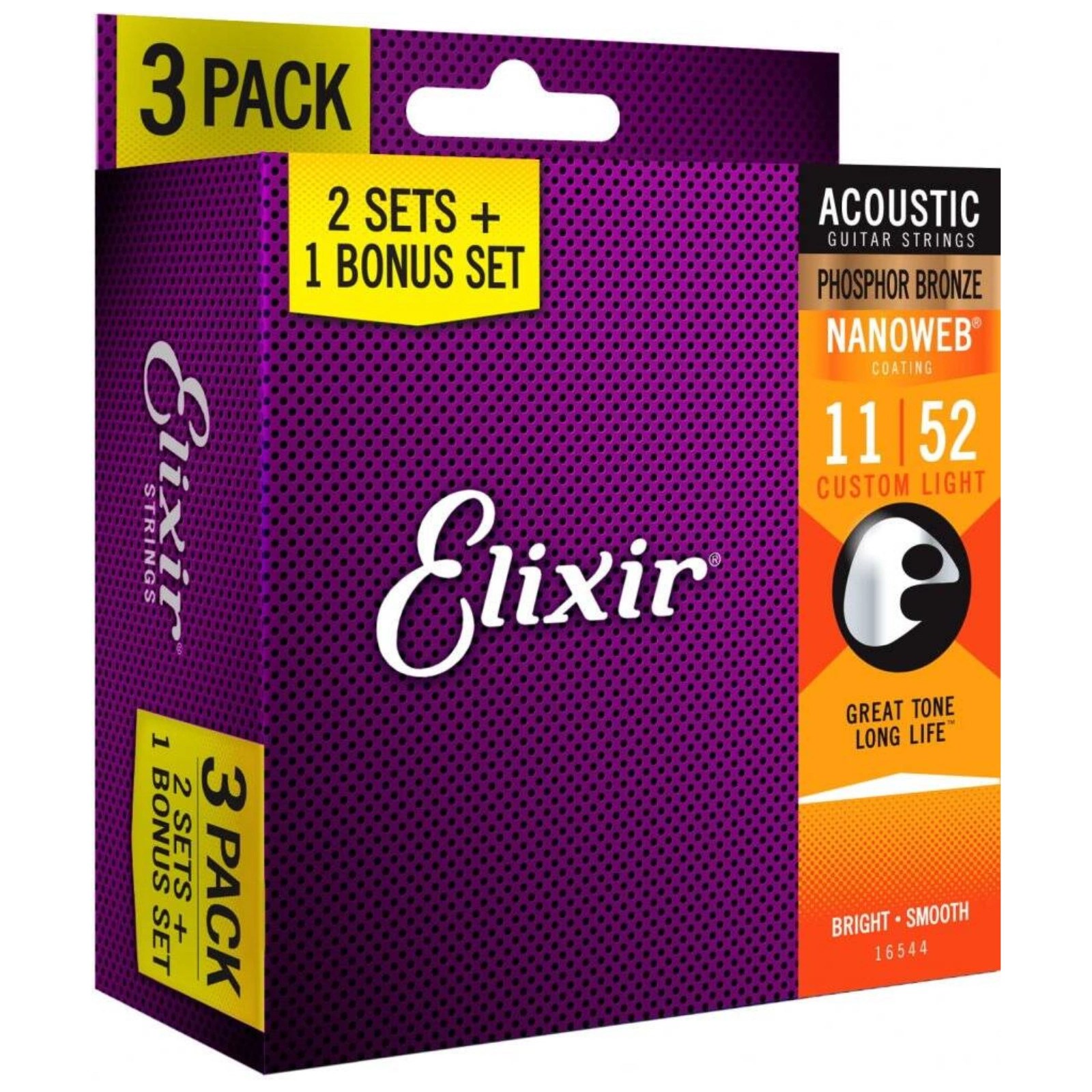 3PACK Struny Elixir NanoWeb Phosphor Bronze 11-52 Custom Light (16544)