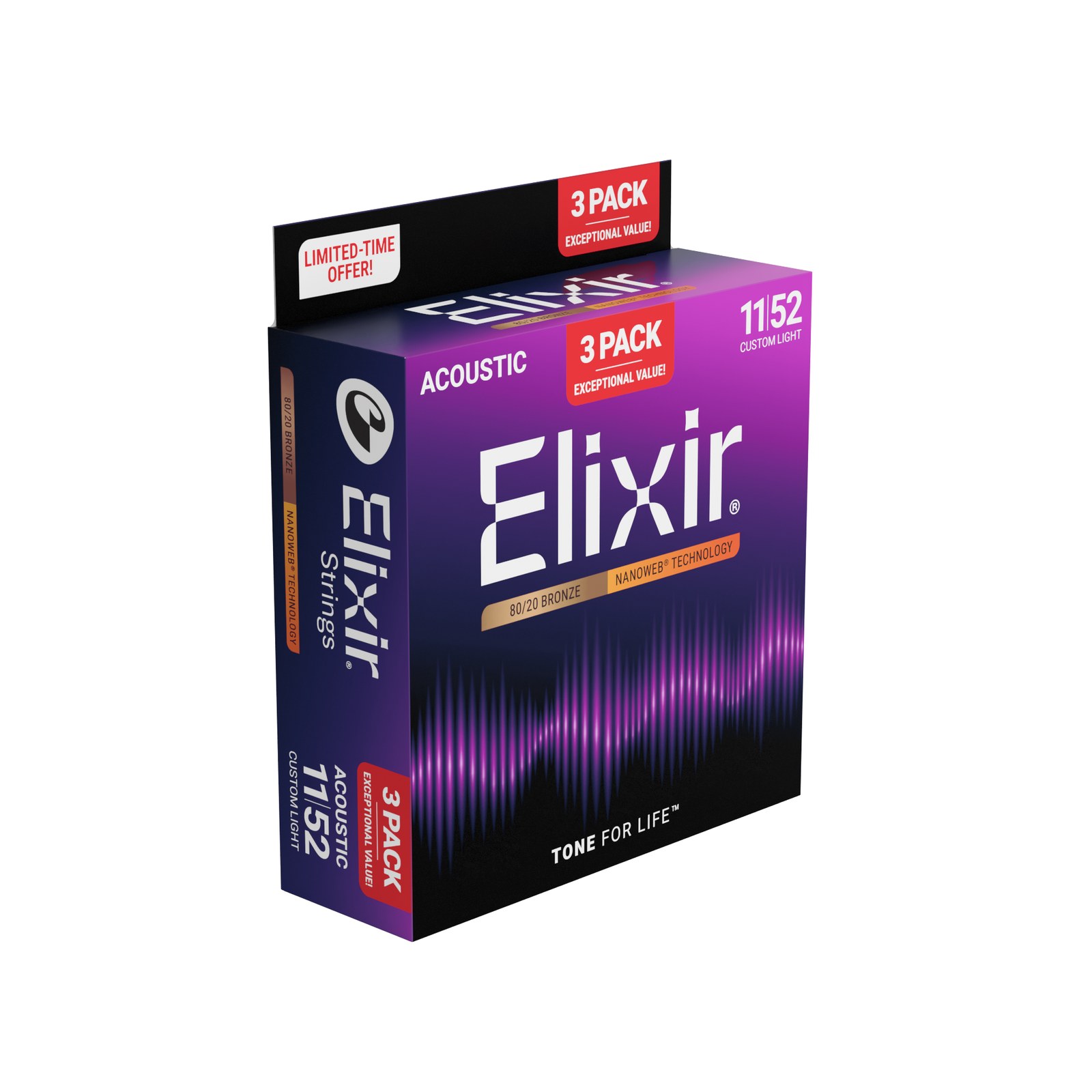 3PACK Struny Elixir NanoWeb 80/20 Bronze 11-52 Custom Light NEW (16564)