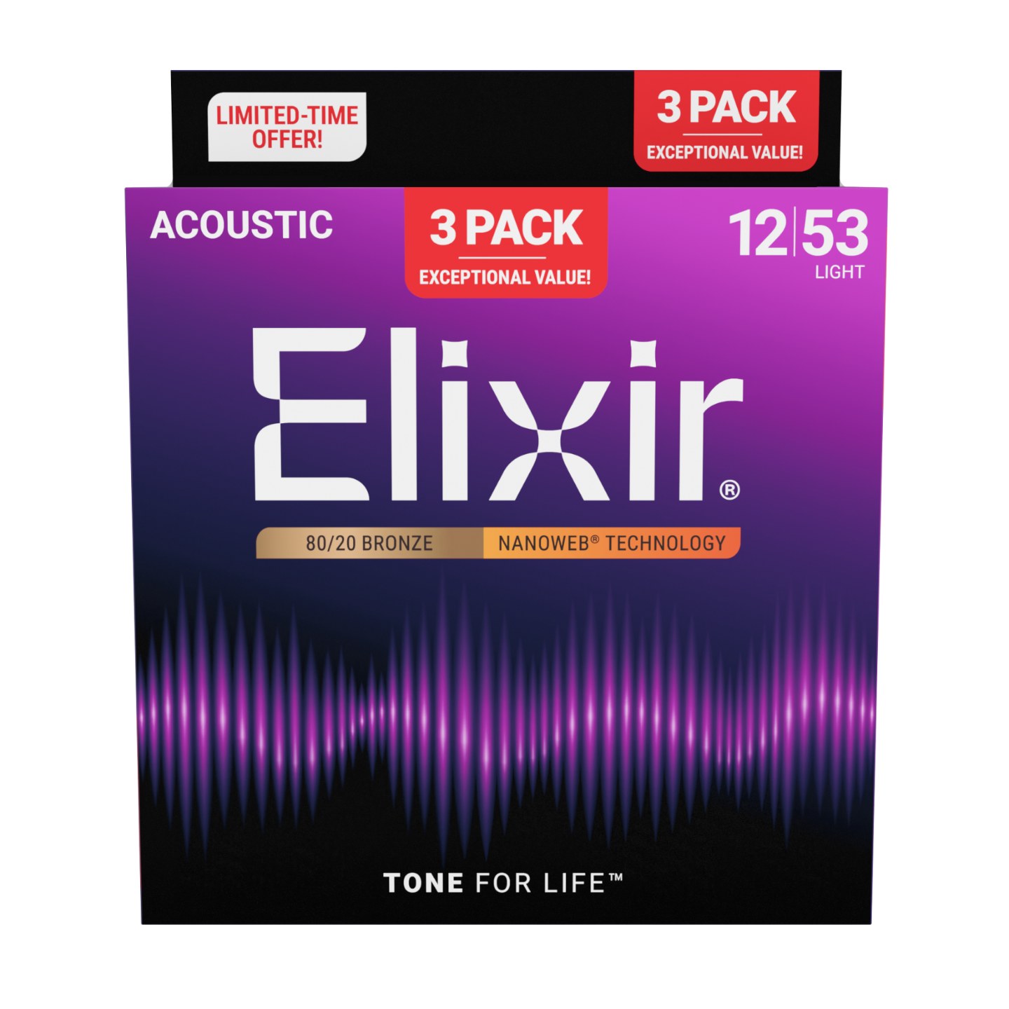 3PACK Struny Elixir NanoWeb 80/20 Bronze 12-53 Light NEW (16565)