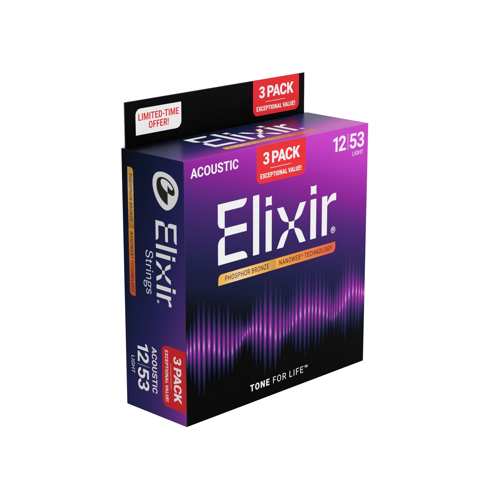 3PACK Struny Elixir NanoWeb Phosphor Bronze 12-53 Light NEW (16569)