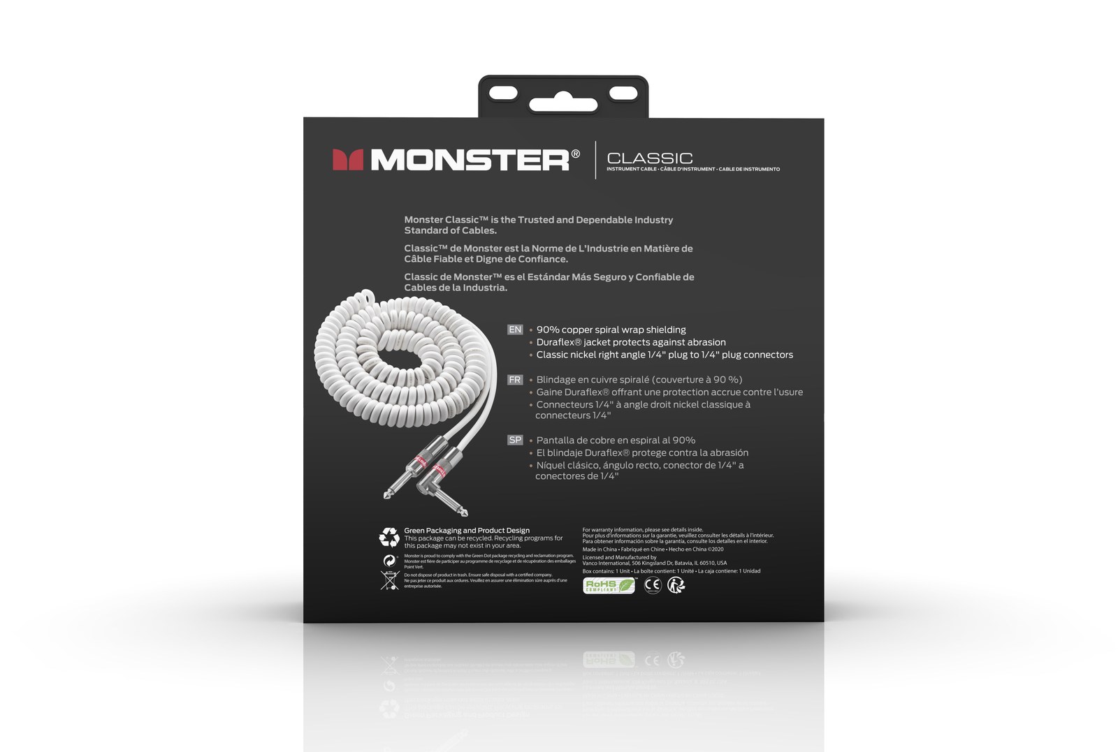 MONSTER CABLE kabel do gitary spiralny CLASSIC 3.6m jack 1/4 prosty - jack 1/4 kątowy