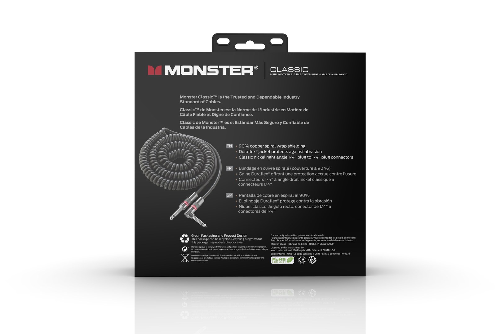 MONSTER CABLE kabel do gitary spiralny CLASSIC 6.4m jack 1/4 prosty - jack 1/4 kątowy