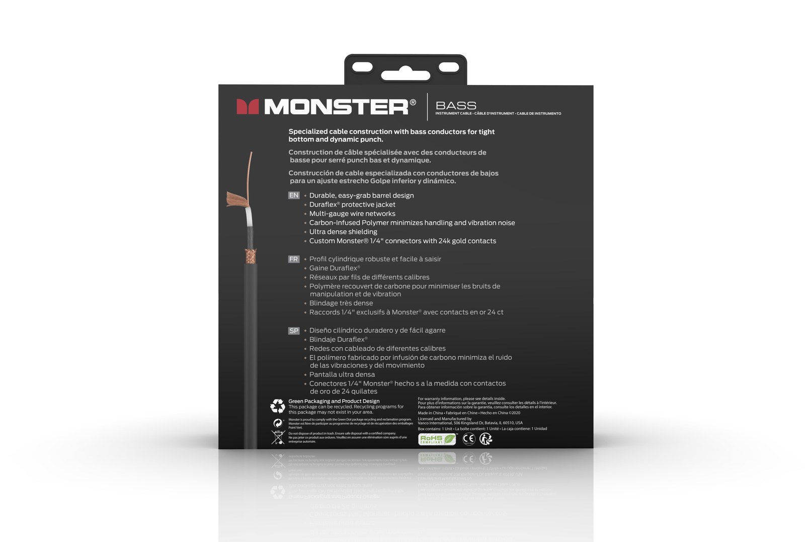 MONSTER CABLE kabel do gitary BASS 3.6m jack 1/4 prosty - jack 1/4 prosty