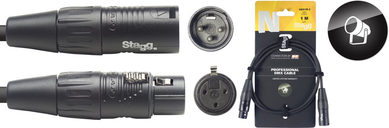 Stagg NDX1R-3 - przewód DMX XLR 3-pin, 1 m, złącza REAN