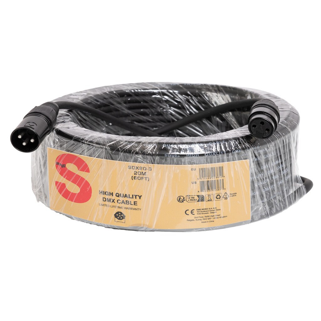 Stagg SDX20-3 - kabel DMX XLR 3-pin męski / żeński, 20 m, czarny
