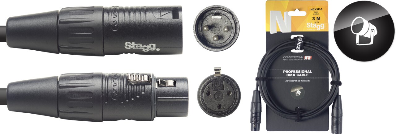 Stagg NDX3R-3 - kabel DMX XLR 3-pin REAN, 3 m, impedancja 110 Ω