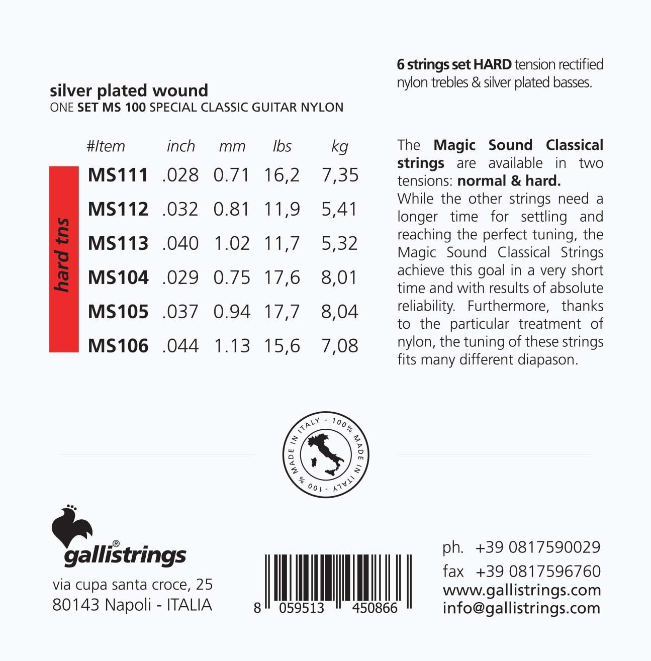 Galli Magic Sound MS100 - struny do gitary klasycznej, hard tension .028-.044