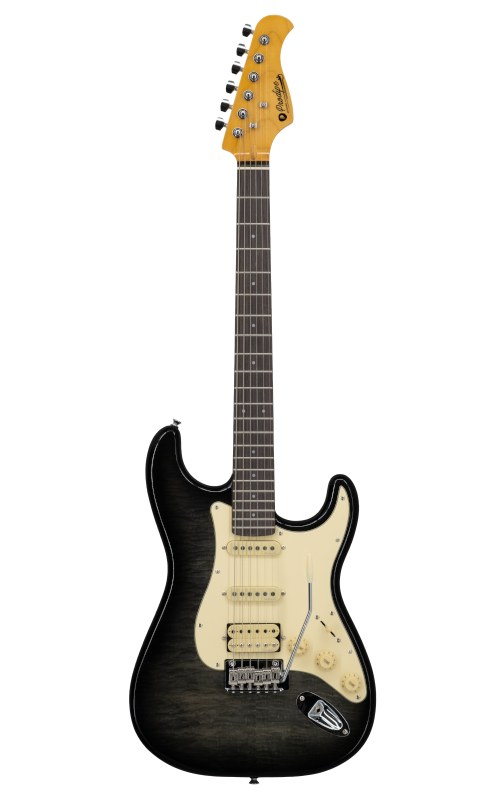 Prodipe ST93 Alder Trans Black - gitara elektryczna HSS Alnico V, olcha i klon płomienisty