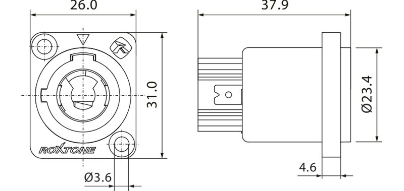 Gniazdo zasilania tablicowe panelowe power-in Roxtone RAC3MPI