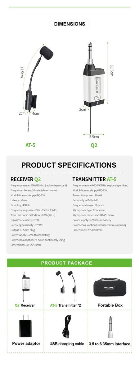Bezprzewodowy system mikrofonowy do akordeonu Acemic Q2/AT-5