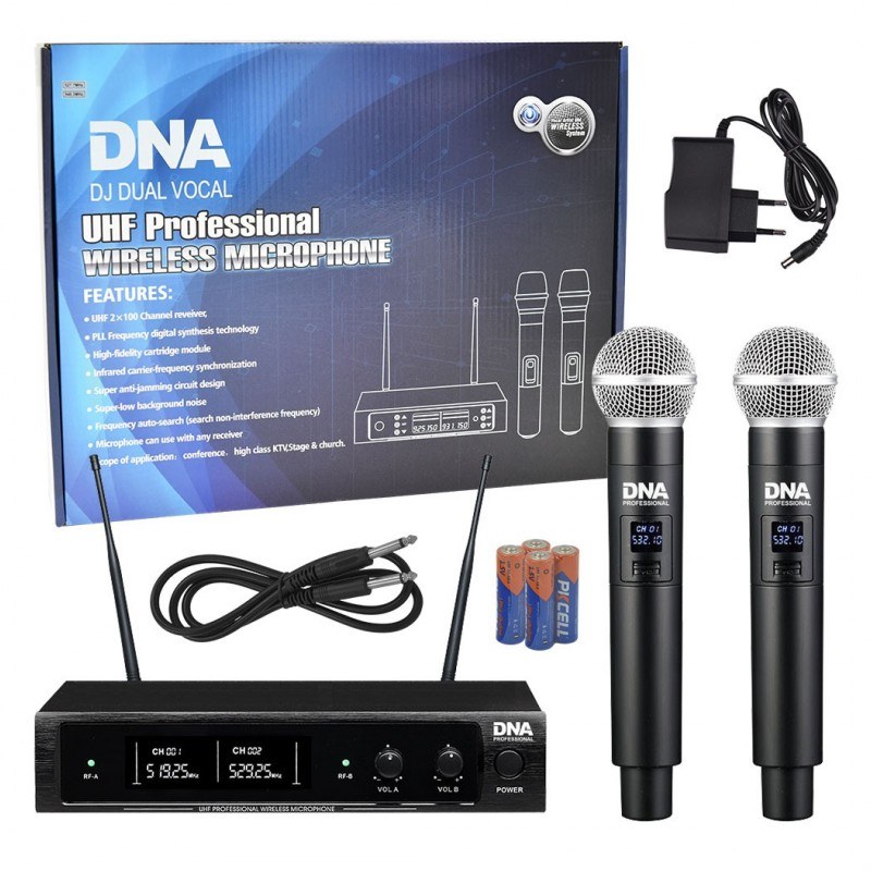 DNA DJ DUAL VOCAL wokalowy mikrofon bezprzewodowy 2x nadajnik doręczny odbiornik system nagłośnienia UHF 518-542 MHz