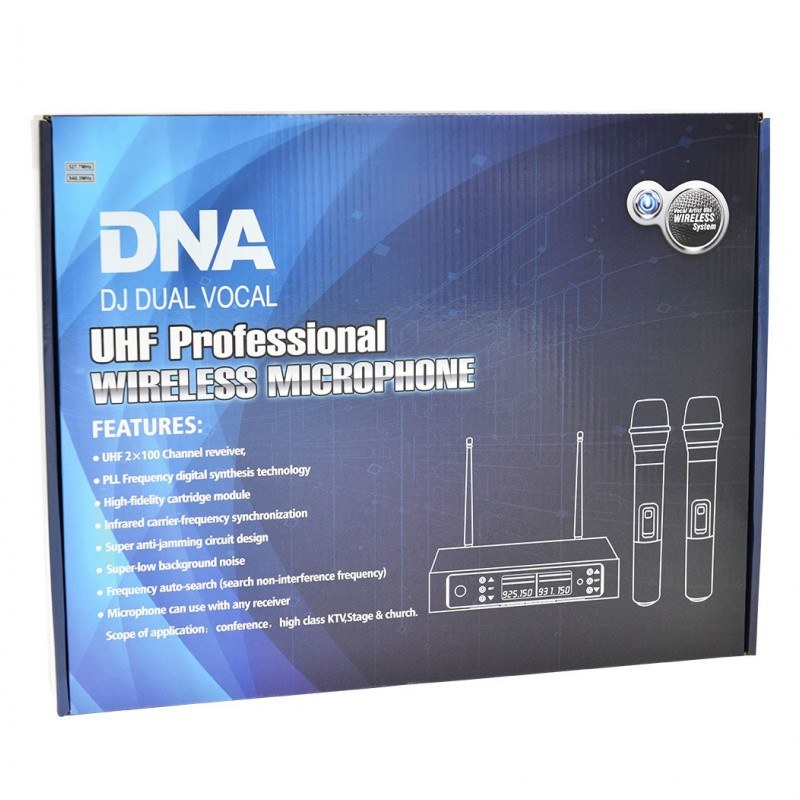 DNA DJ DUAL VOCAL wokalowy mikrofon bezprzewodowy 2x nadajnik doręczny odbiornik system nagłośnienia UHF 518-542 MHz