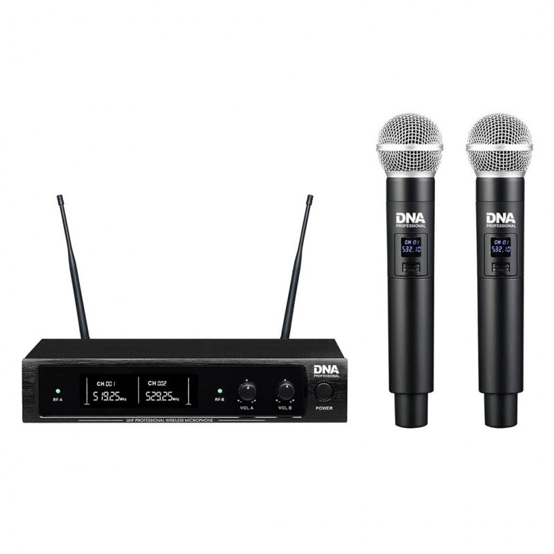 DNA DJ DUAL VOCAL wokalowy mikrofon bezprzewodowy 2x nadajnik doręczny odbiornik system nagłośnienia UHF 518-542 MHz