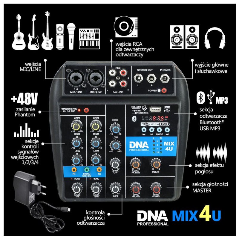 DNA MIX 4U mikser audio USB MP3 Bluetooth analogowy 4 kanały