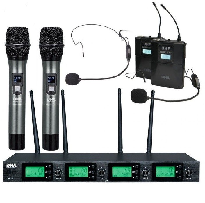DNA RV-4 MIX mikrofon bezprzewodowy 2x nadajnik doręczny 2x nadajnik nagłowny + bodypack odbiornik zestaw UHF 518-542 MHz