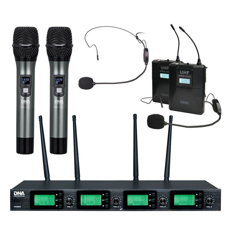 DNA RV-4 MIX mikrofon bezprzewodowy 2x nadajnik doręczny 2x nadajnik nagłowny + bodypack odbiornik zestaw UHF 518-542 MHz