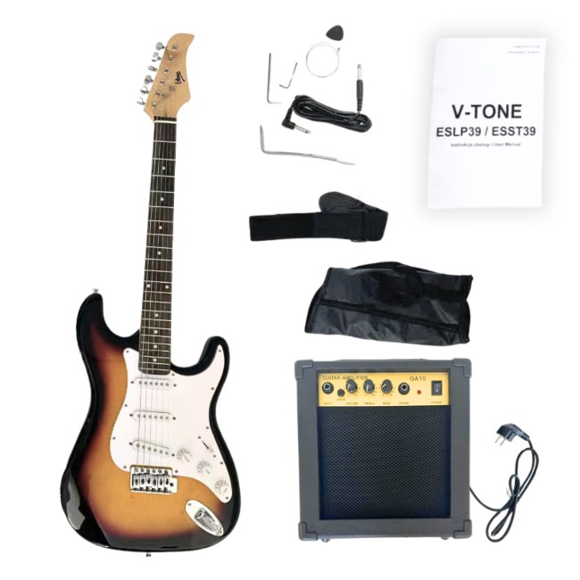 V-TONE ESST39 SB gitara elektryczna 4/4 stratocaster 39" SSS sunburst + wzmacniacz gitarowy zestaw