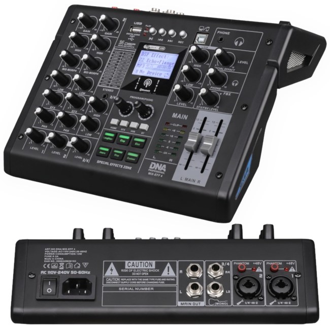 DNA MIX-EFF 4 analogowy mikser dźwięku 4 kanały USB MP3 Bluetooth Phantom +48V DSP EQ efekty dźwiękowe