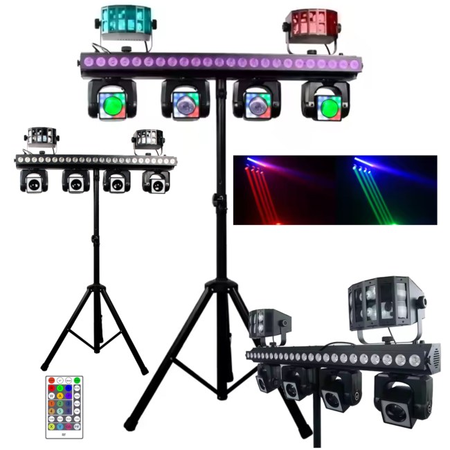 LIGHT4ME MT BAR 3 zestaw oświetleniowy multiefekt świetlny 4w1 4x głowica ruchoma beam 4x40W RGBW LED + efekt ring 96x0,2W RGB LED efekt wash 24x2W RGBW LED efekt derby 4x10W RGBW LED statyw pilot bezprzewodowy oświetlenie imprezowe DJ klubowe