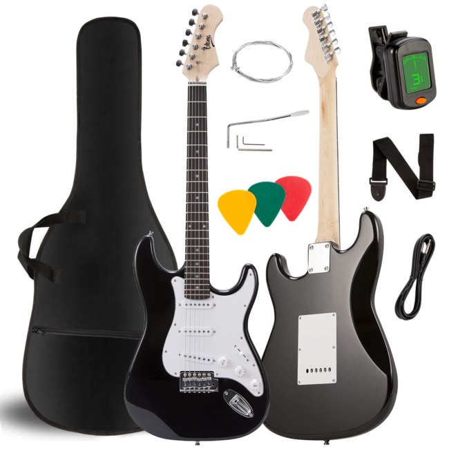 V-TONE EG 39 BK gitara elektryczna 4/4 stratocaster 39" SSS pokrowiec pasek przewód jack-jack tuner kostki do gry struny ramię tremolo klucze imbusowe zestaw