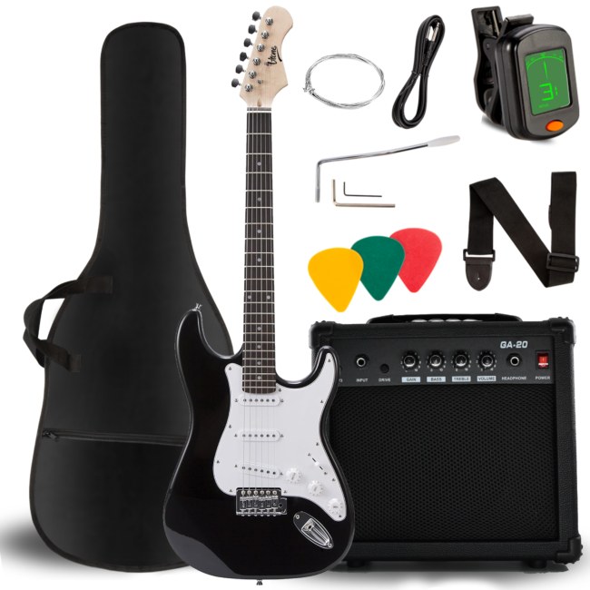 V-TONE EGA 39 BK gitara elektryczna 4/4 stratocaster 39" SSS wzmacniacz pokrowiec pasek przewód jack-jack tuner kostki do gry struny ramię tremolo klucze imbusowe zestaw