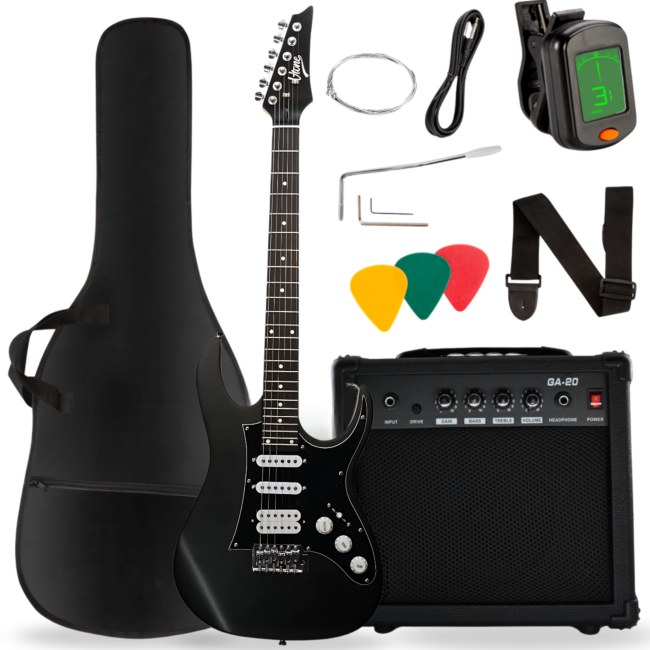 V-TONE EGA 39 MBK gitara elektryczna 4/4 stratocaster 39" HSS wzmacniacz pokrowiec pasek przewód jack-jack tuner kostki do gry struny ramię tremolo klucze imbusowe zestaw