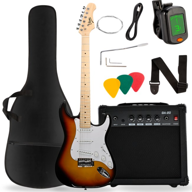 V-TONE EGA 39 SB gitara elektryczna 4/4 stratocaster 39" SSS wzmacniacz pokrowiec pasek przewód jack-jack tuner kostki do gry struny ramię tremolo klucze imbusowe zestaw