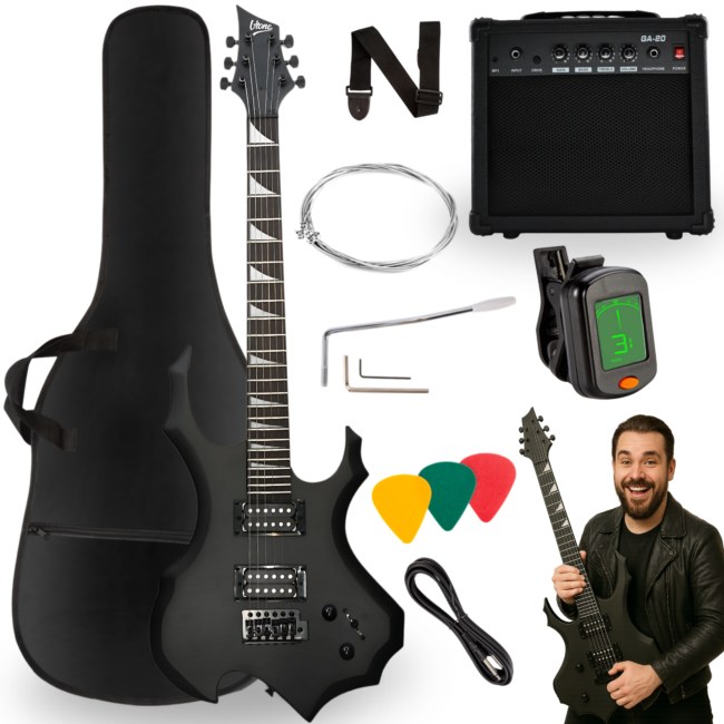 V-TONE EGS 39 MBK gitara elektryczna 4/4 czarny mat 39" HH wzmacniacz pokrowiec pasek przewód jack-jack tuner kostki do gry struny ramię tremolo klucze imbusowe zestaw